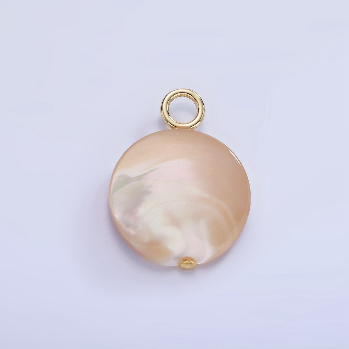 16K Gold Filled 26mm White Peach Shell Pearl Flat Round Drop Pendant | P1750