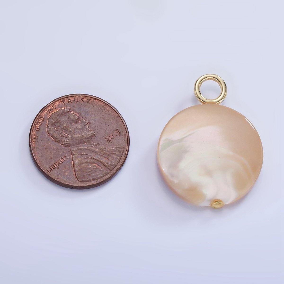 16K Gold Filled 26mm White Peach Shell Pearl Flat Round Drop Pendant | P1750