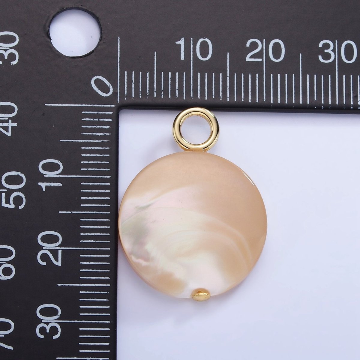16K Gold Filled 26mm White Peach Shell Pearl Flat Round Drop Pendant | P1750