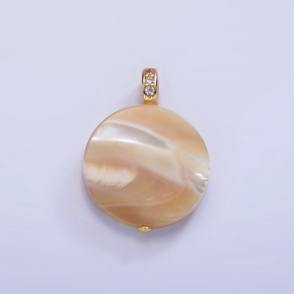 16K Gold Filled 27mm Peach White Shell Pearl Flat Round Micro Paved CZ Pendant | P1747