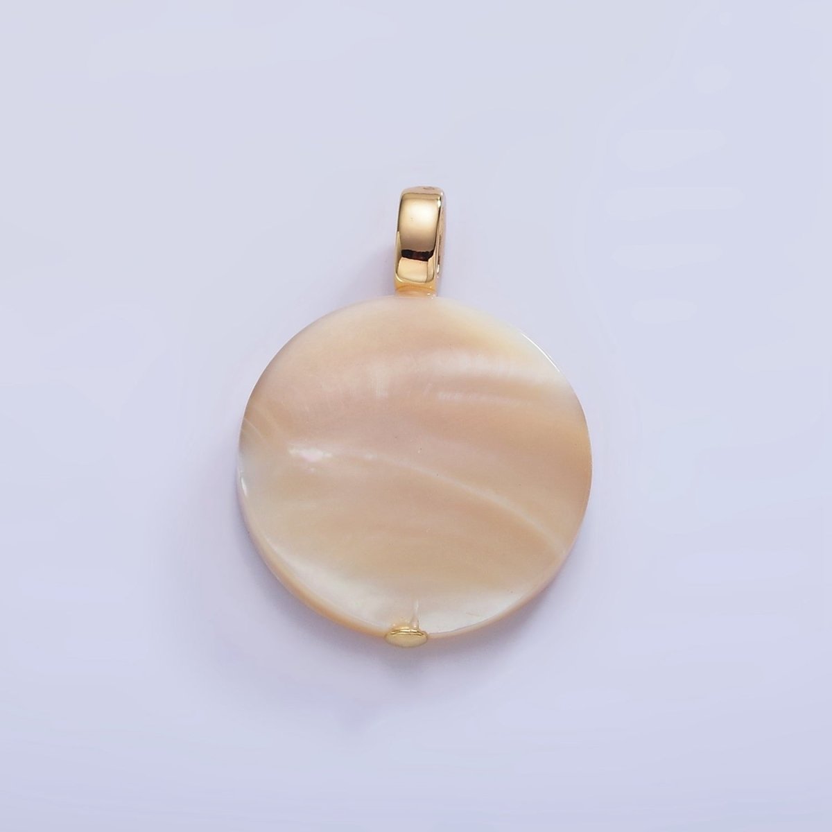 16K Gold Filled 27mm Peach White Shell Pearl Flat Round Micro Paved CZ Pendant | P1747