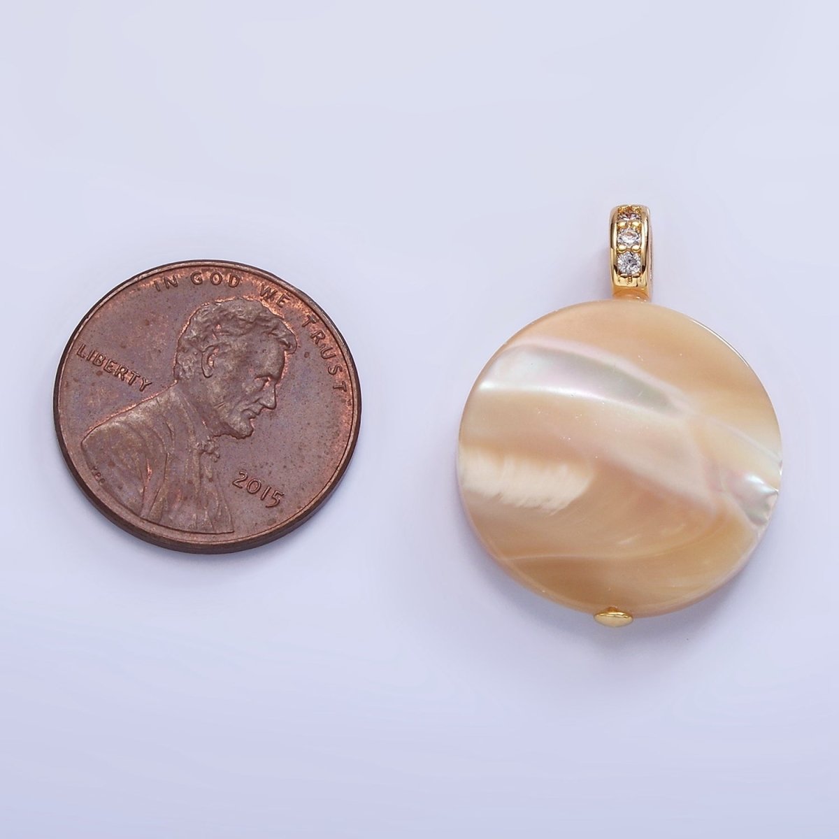 16K Gold Filled 27mm Peach White Shell Pearl Flat Round Micro Paved CZ Pendant | P1747