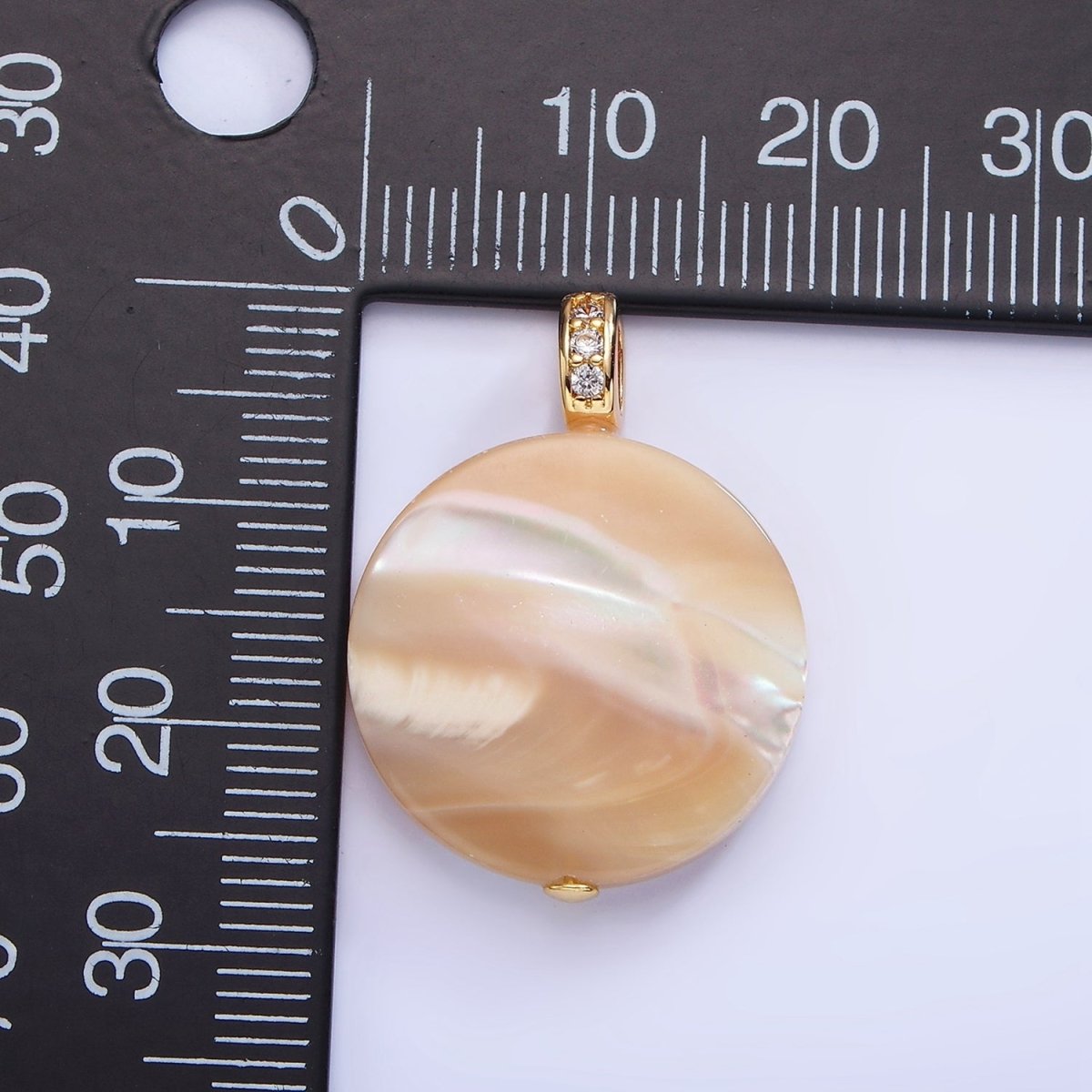 16K Gold Filled 27mm Peach White Shell Pearl Flat Round Micro Paved CZ Pendant | P1747