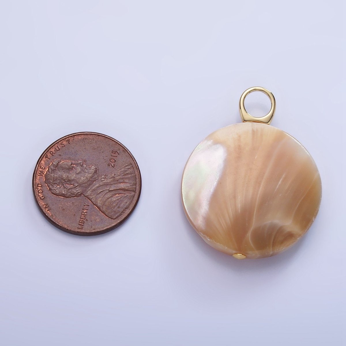 16K Gold Filled 30mm Peach White Shell Pearl Flat Round Pendant | P1748