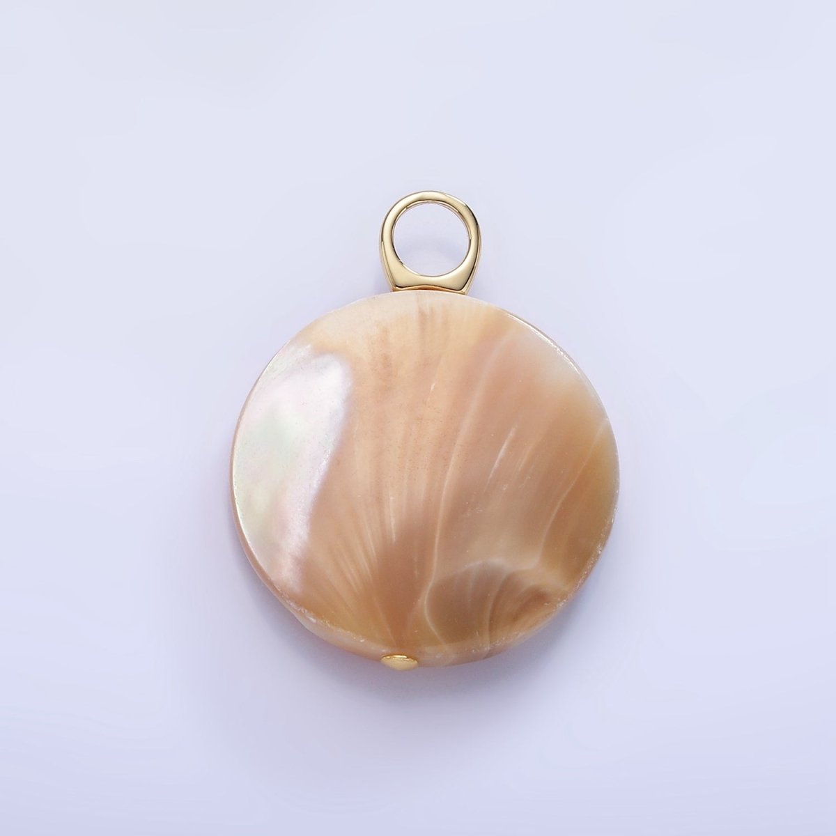16K Gold Filled 30mm Peach White Shell Pearl Flat Round Pendant | P1748