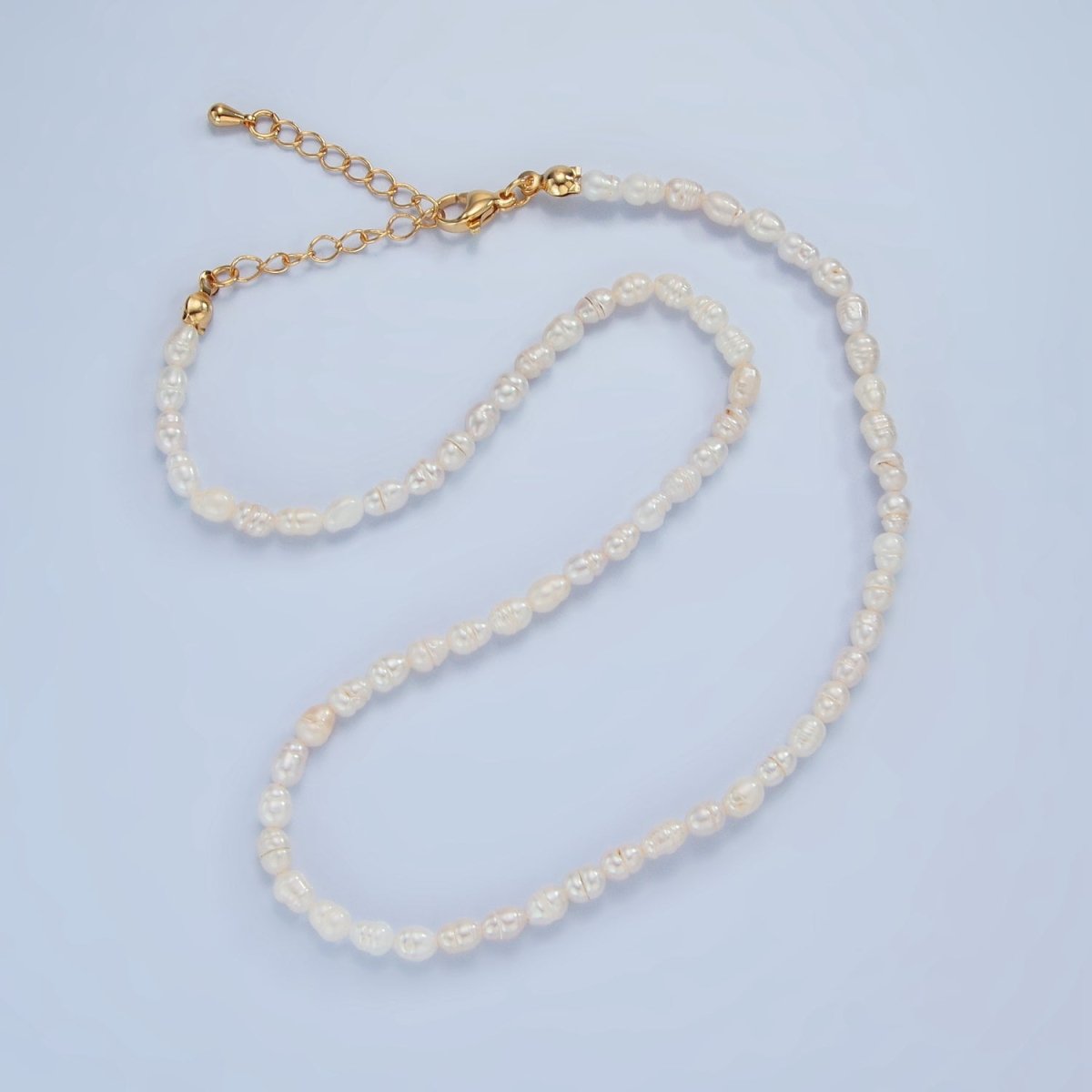 16K Gold Filled 4mm White Ringed Baroque Freshwater Pearl 14.5 Inch Necklace w. Extender | WA-2633