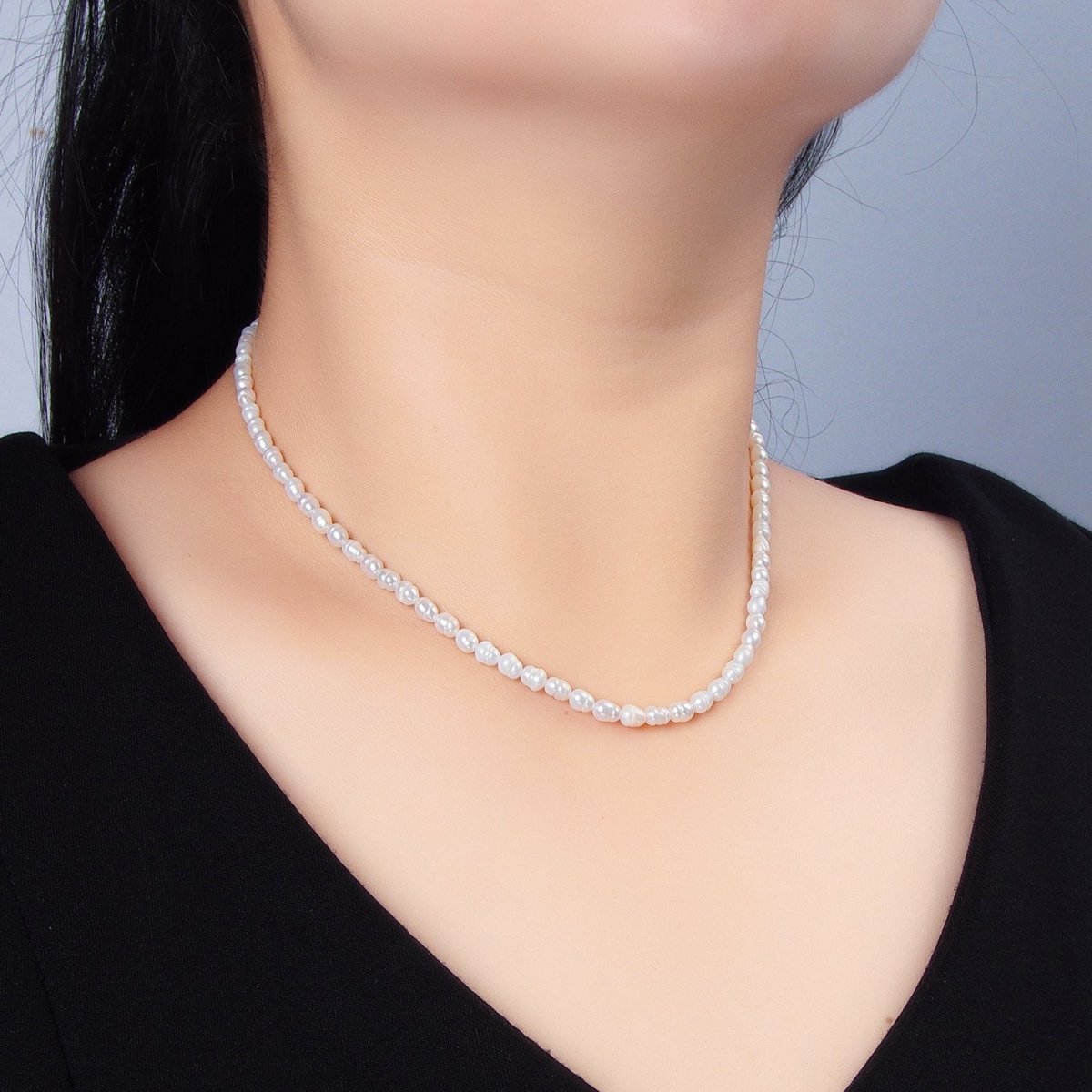 16K Gold Filled 4mm White Ringed Baroque Freshwater Pearl 14.5 Inch Necklace w. Extender | WA-2633