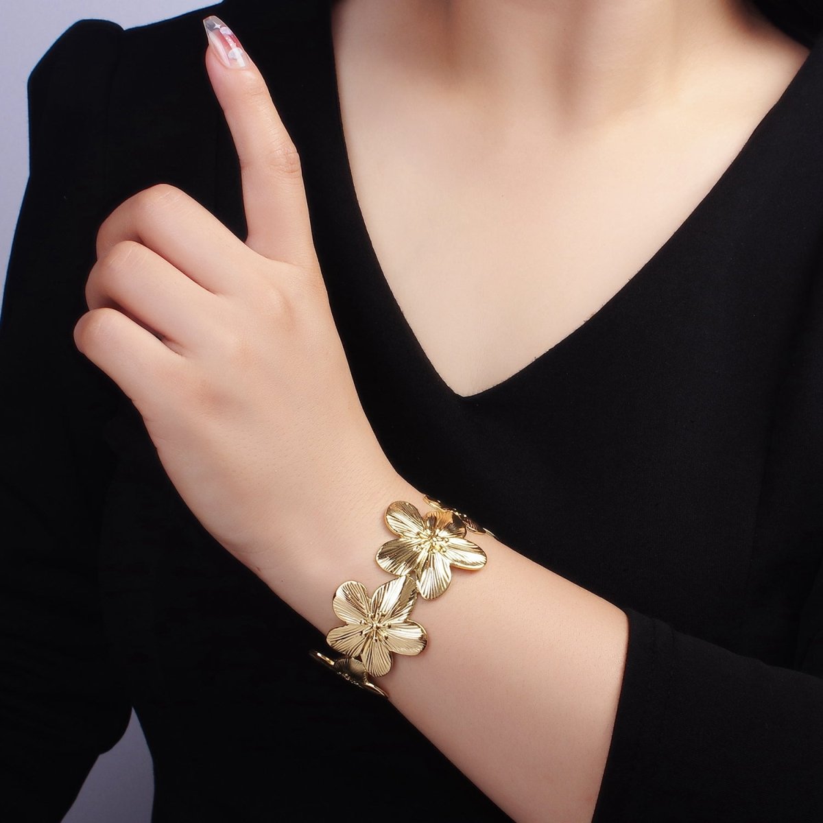 16K Gold Filled 50mm Flower Textured Wide Cuff Bracelet | WA-2521