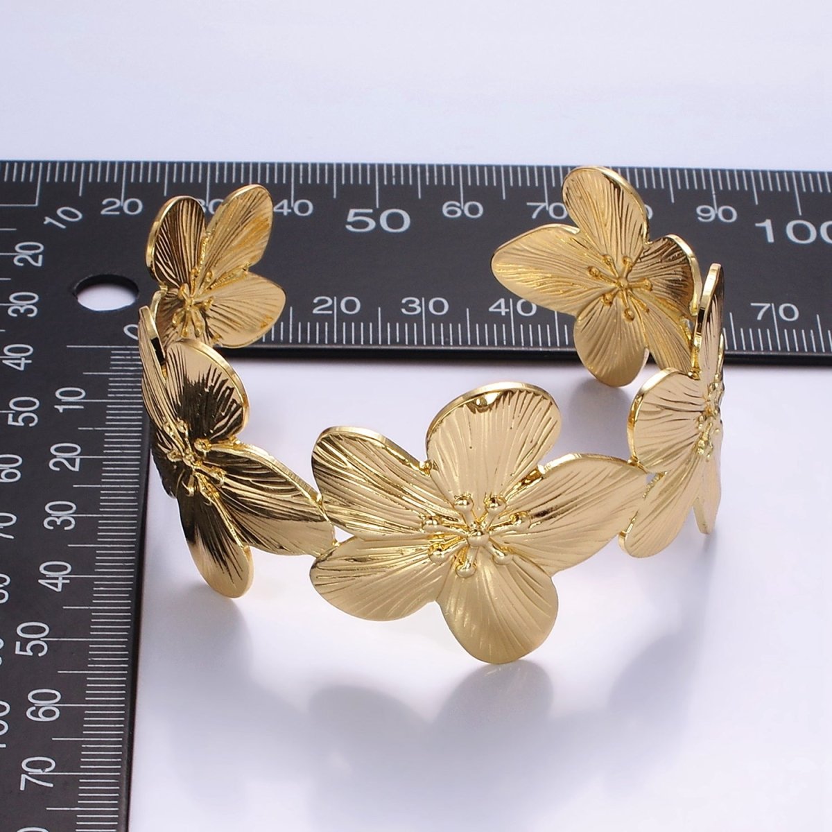 16K Gold Filled 50mm Flower Textured Wide Cuff Bracelet | WA-2521