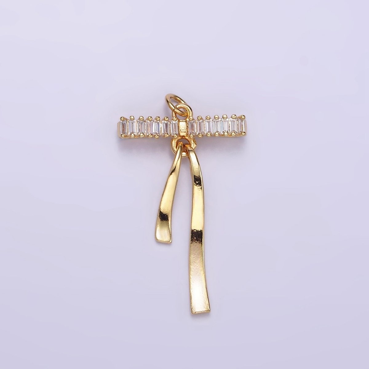 16K Gold Filled Baguette Lined Ribbon Bow Charm in Gold & Silver | M113