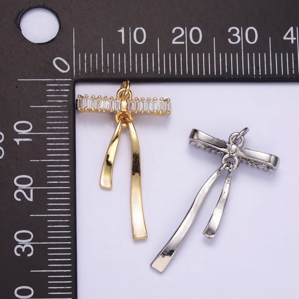 16K Gold Filled Baguette Lined Ribbon Bow Charm in Gold & Silver | M113
