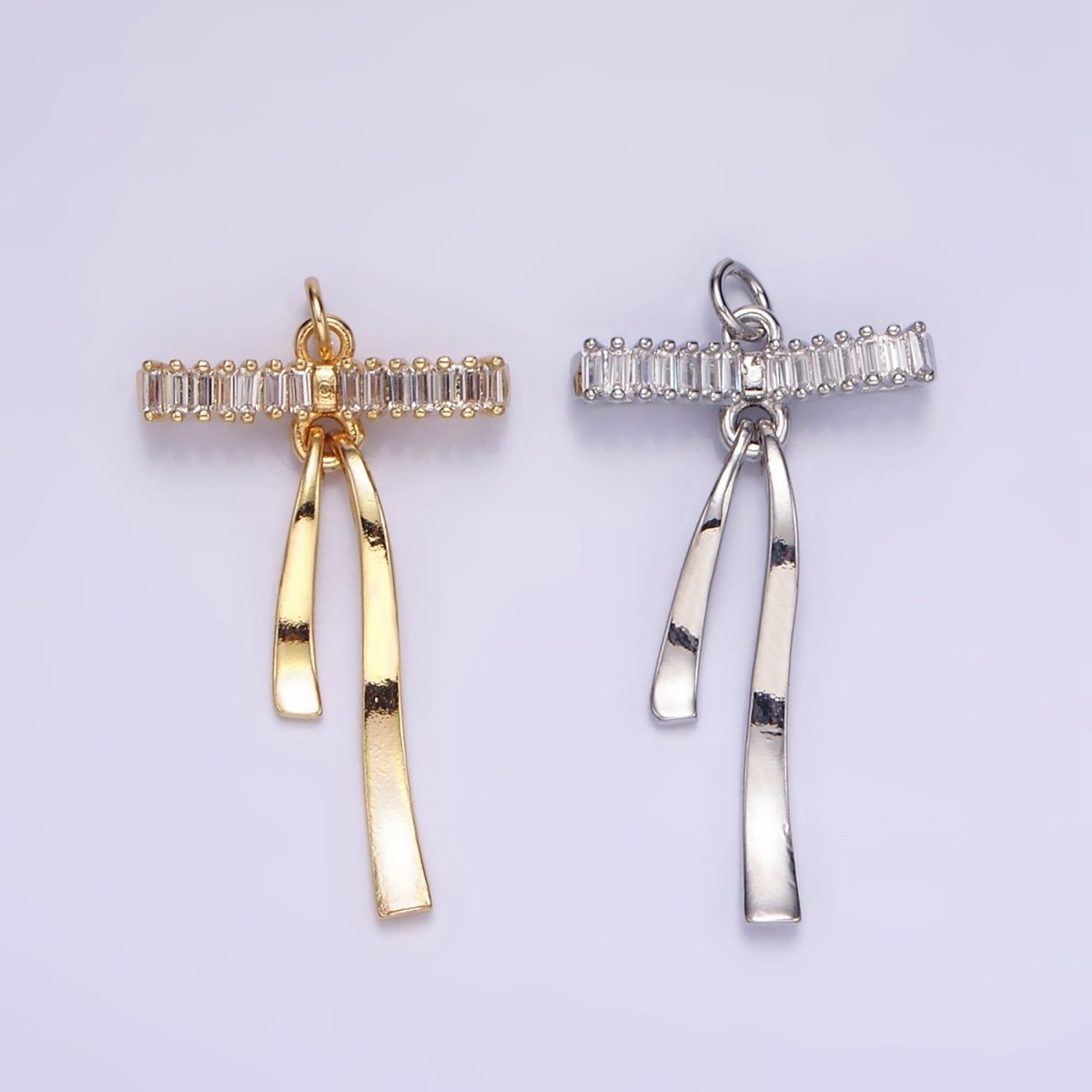 16K Gold Filled Baguette Lined Ribbon Bow Charm in Gold & Silver | M113