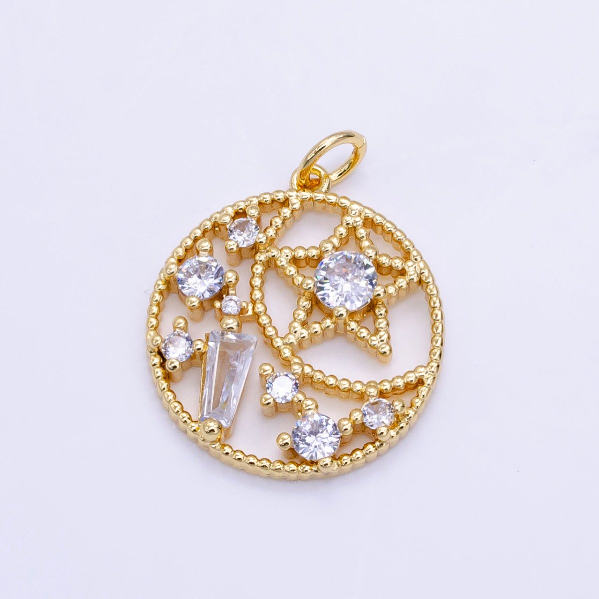 16K Gold Filled Beaded Celestial Star CZ Open Round Charm | D148