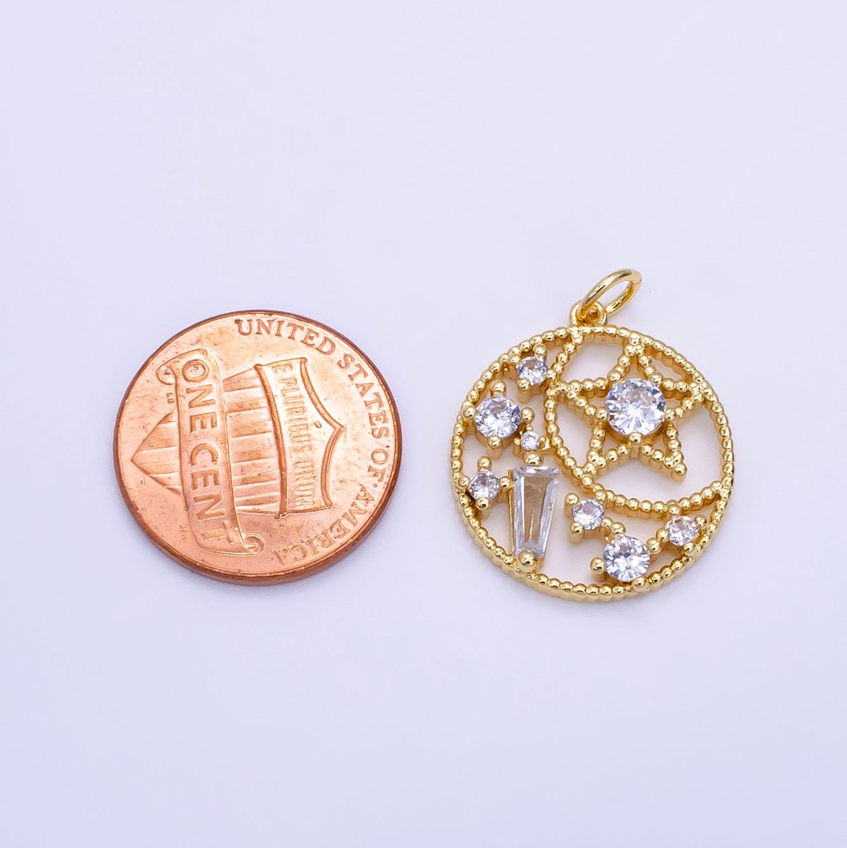 16K Gold Filled Beaded Celestial Star CZ Open Round Charm | D148