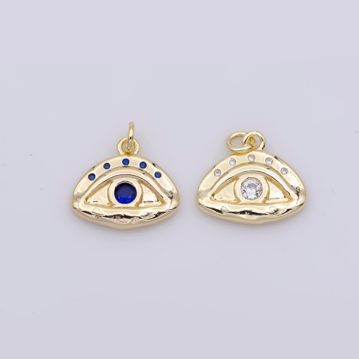 16K Gold Filled Blue, Clear CZ Hammered Evil Eye Charm | M136