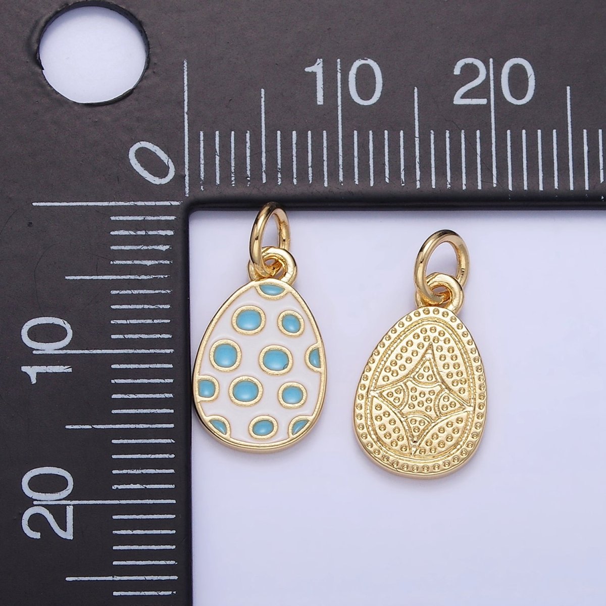 16K Gold Filled Blue Polka Dot White Enamel Easter Egg Charm | C032
