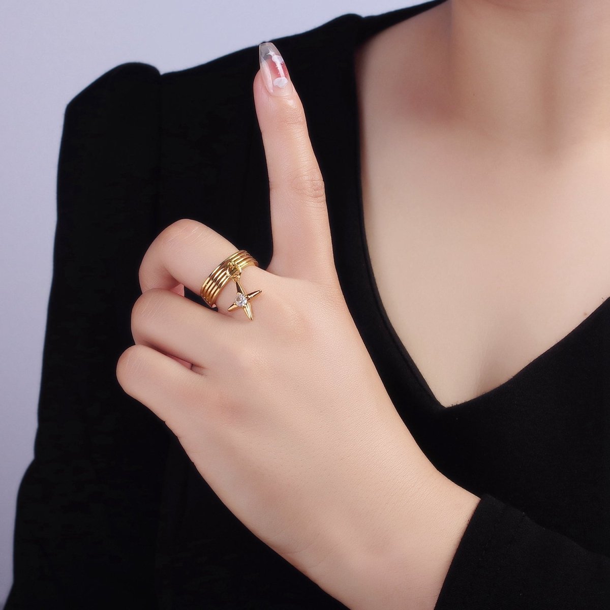 16K Gold Filled Celestial Star CZ Drop Multiple Band Ring | O1388