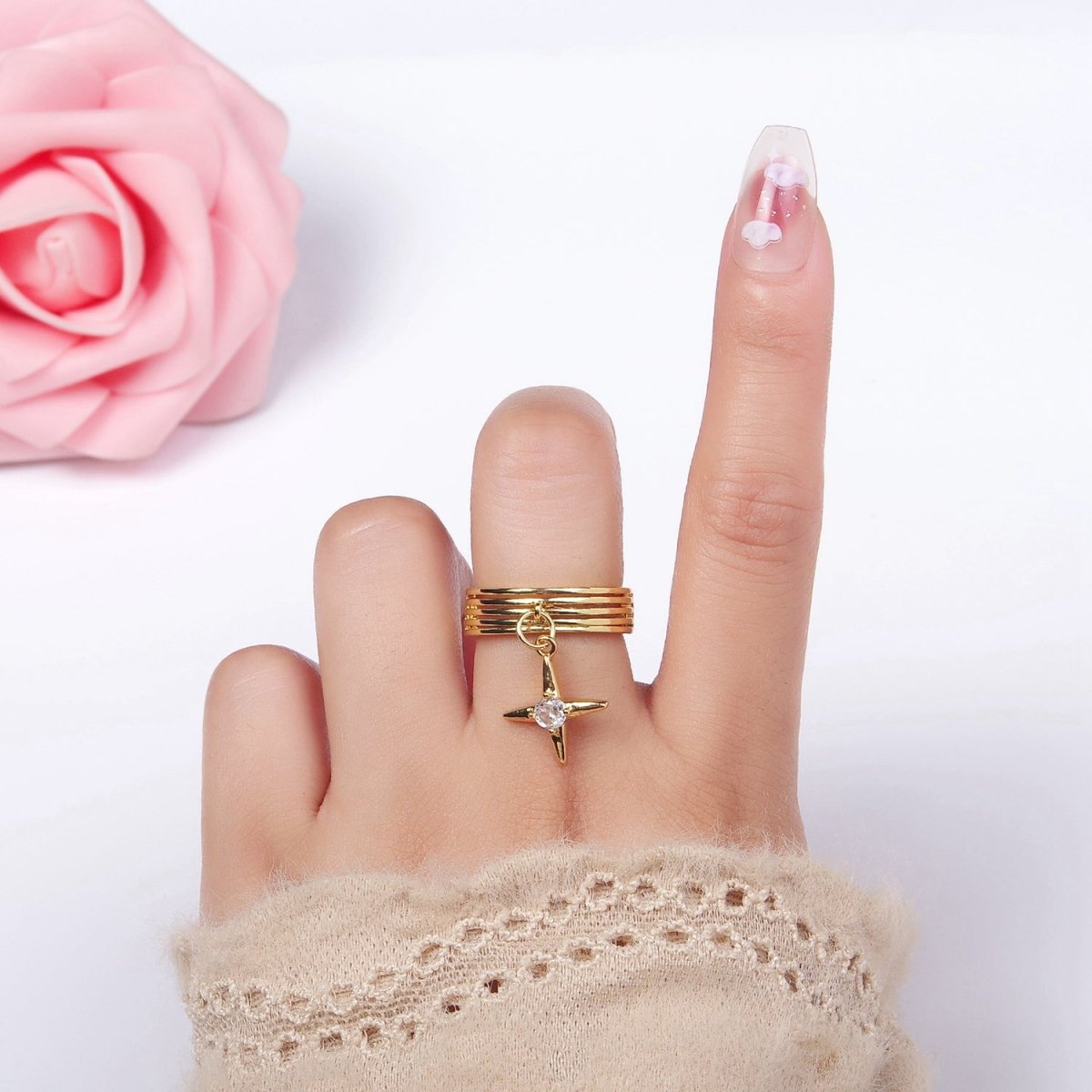 16K Gold Filled Celestial Star CZ Drop Multiple Band Ring | O1388