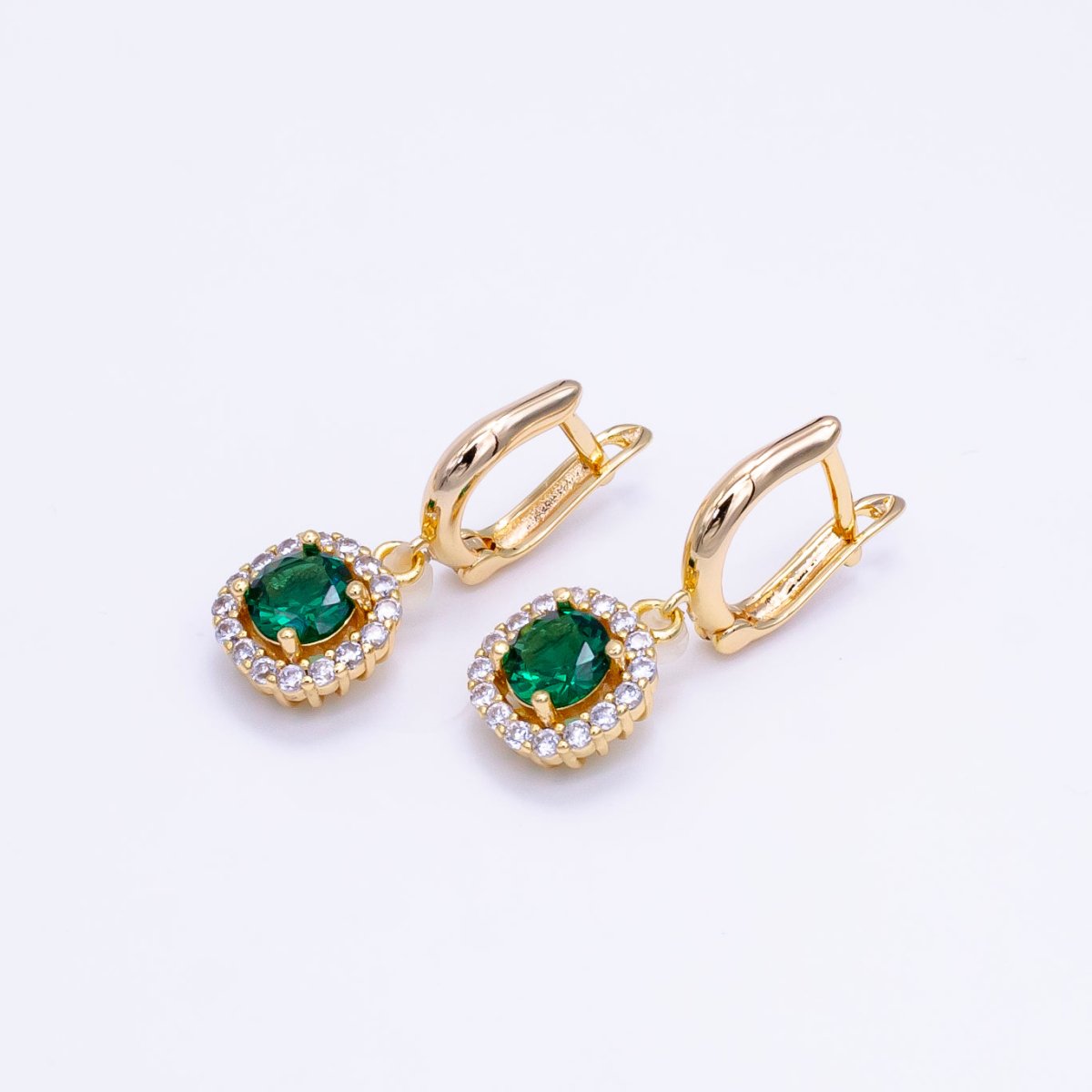 16K Gold Filled Clear, Black, Red, Blue, Green CZ Micro Paved Square Drop English Lock Earrings | AB1156 - AB1158 (MAKE)