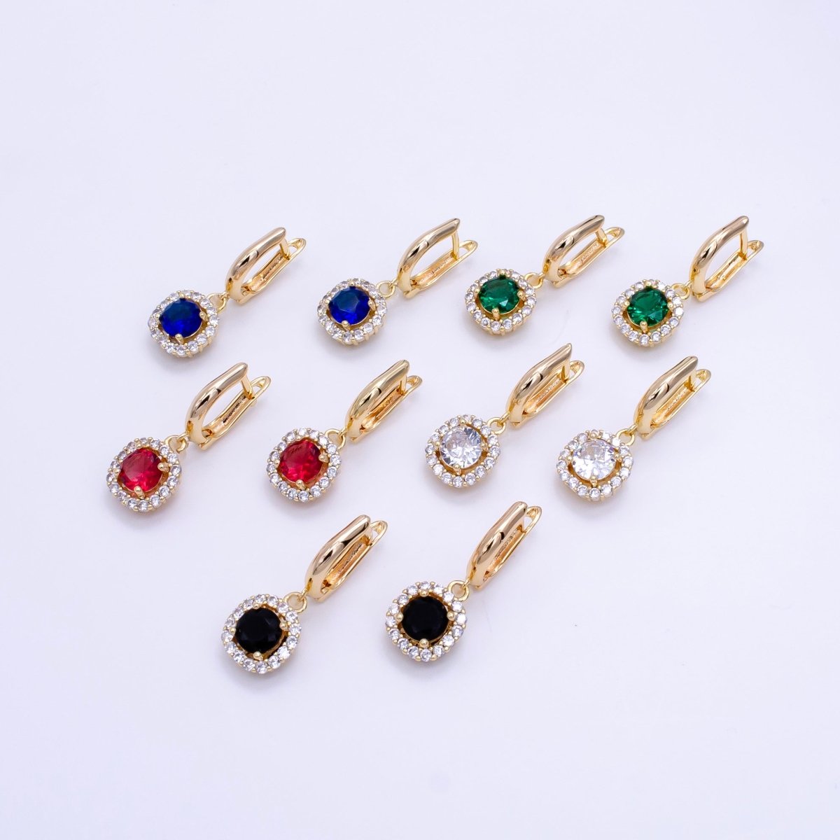 16K Gold Filled Clear, Black, Red, Blue, Green CZ Micro Paved Square Drop English Lock Earrings | AB1156 - AB1158 (MAKE)