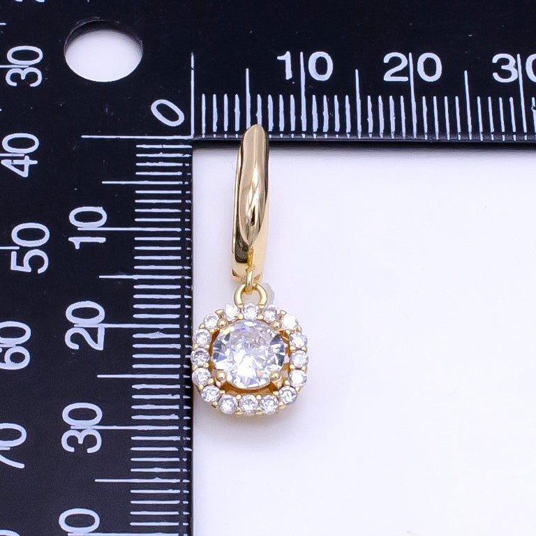 16K Gold Filled Clear, Black, Red, Blue, Green CZ Micro Paved Square Drop English Lock Earrings | AB1156 - AB1158 (MAKE)
