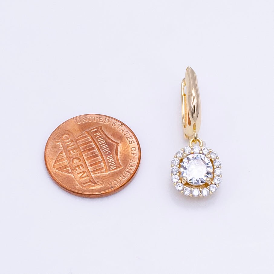 16K Gold Filled Clear, Black, Red, Blue, Green CZ Micro Paved Square Drop English Lock Earrings | AB1156 - AB1158 (MAKE)
