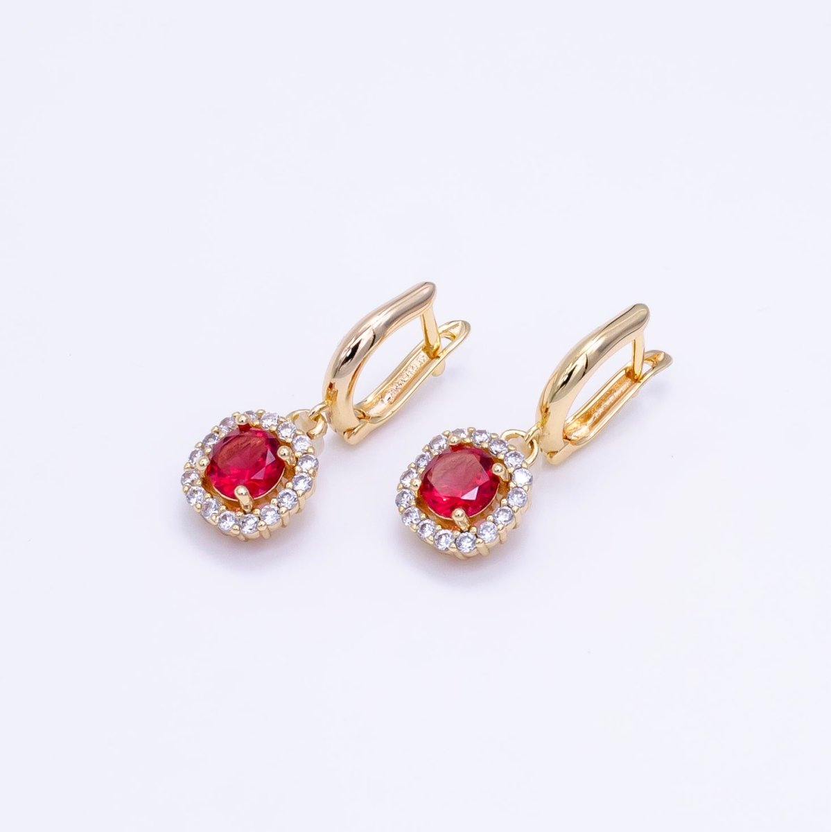 16K Gold Filled Clear, Black, Red, Blue, Green CZ Micro Paved Square Drop English Lock Earrings | AB1156 - AB1158 (MAKE)