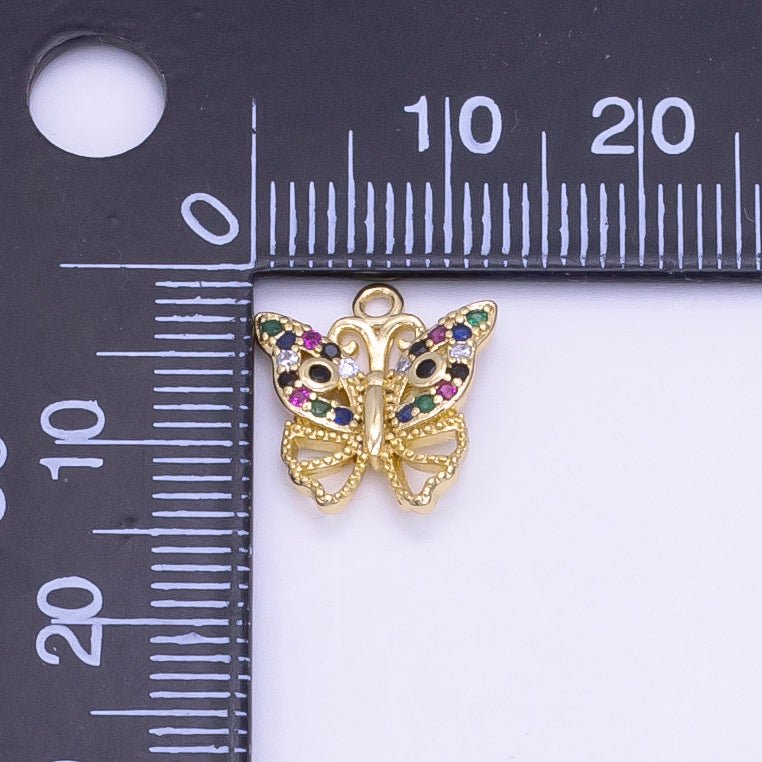 16K Gold Filled Open Multicolor CZ Micro Paved Butterfly Charm | D781