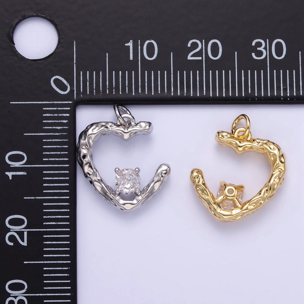16K Gold Filled CZ Hammered Heart Charm in Gold & Silver | E387