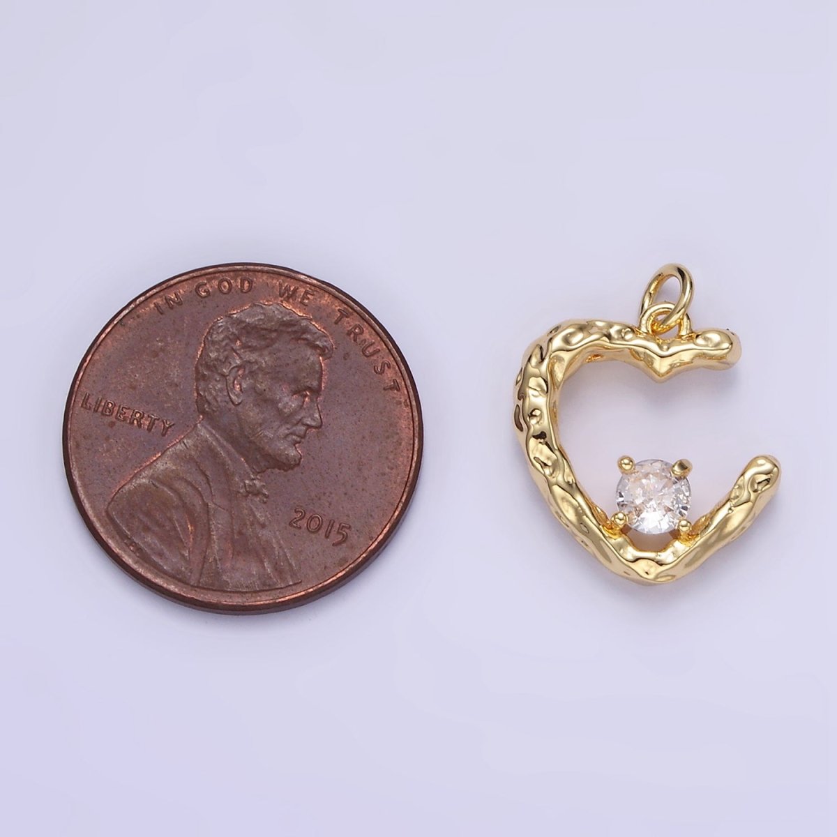 16K Gold Filled CZ Hammered Heart Charm in Gold & Silver | E387