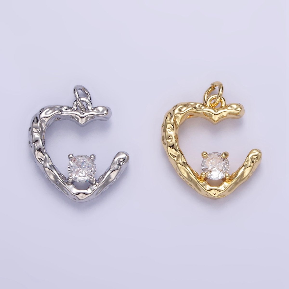 16K Gold Filled CZ Hammered Heart Charm in Gold & Silver | E387