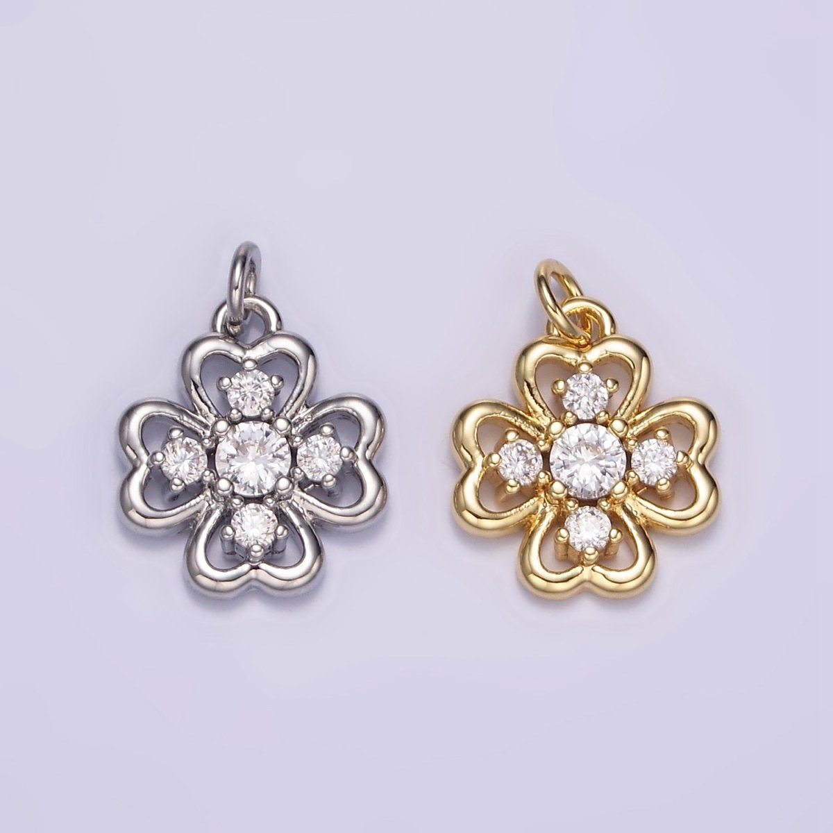 16K Gold Filled CZ Quatrefoil Heart Petal Flower Open Charm in Gold & Silver | M116