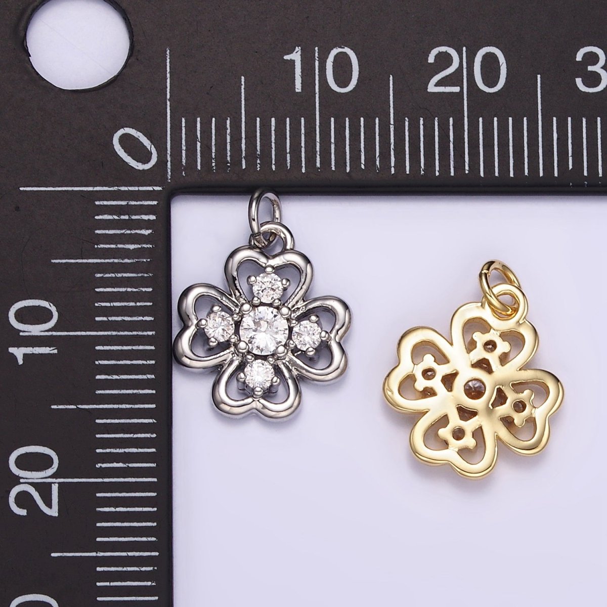 16K Gold Filled CZ Quatrefoil Heart Petal Flower Open Charm in Gold & Silver | M116