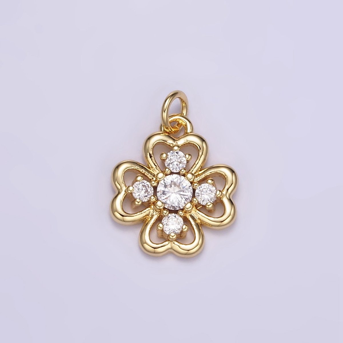 16K Gold Filled CZ Quatrefoil Heart Petal Flower Open Charm in Gold & Silver | M116