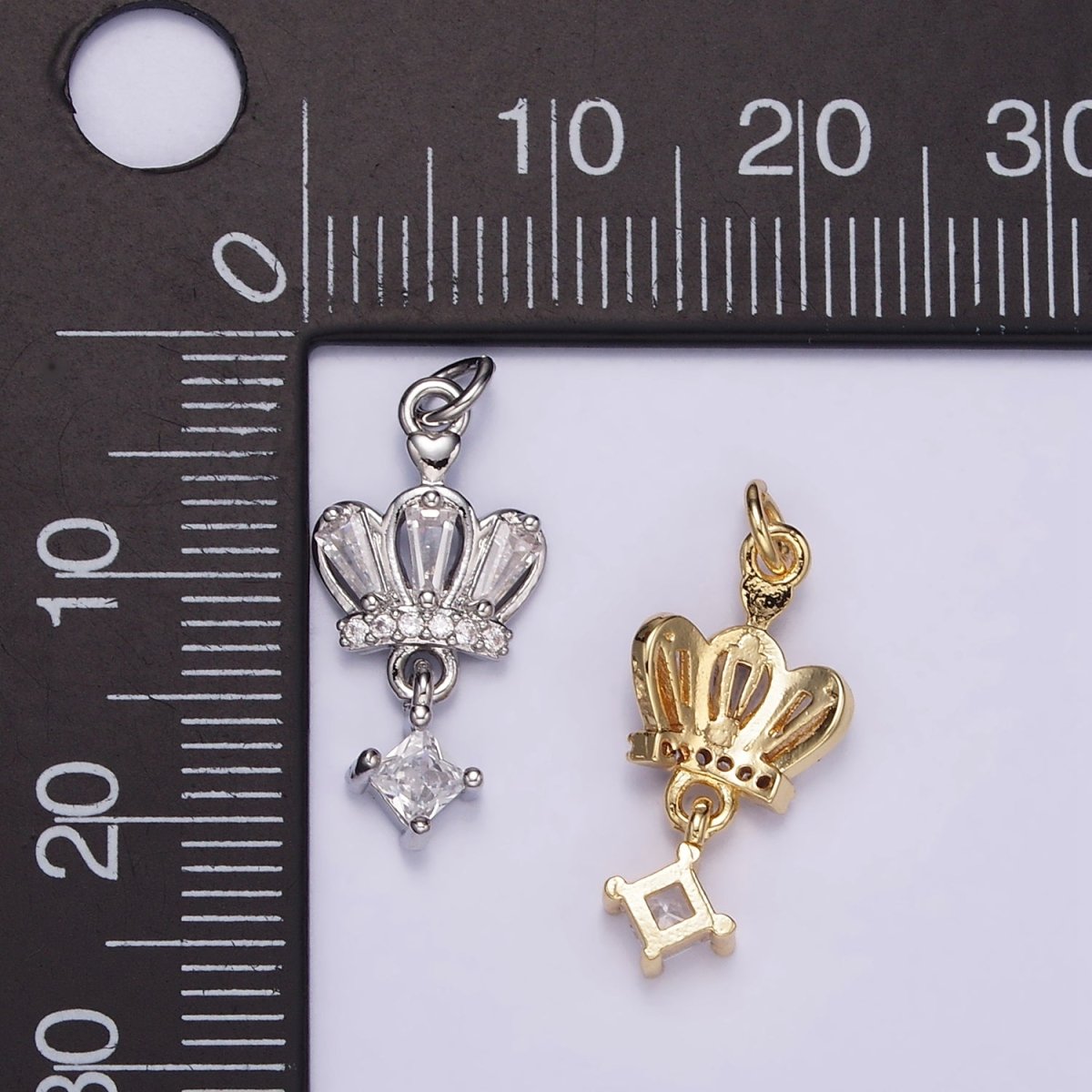 16K Gold Filled CZ Rhombus Baguette Drop Royal Crown Charm in Gold & Silver | M114