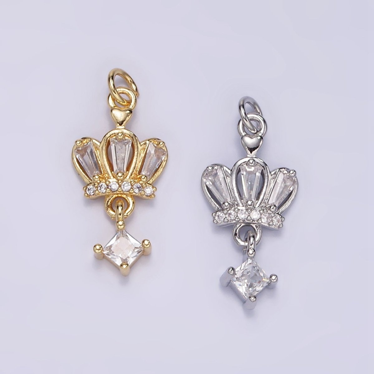 16K Gold Filled CZ Rhombus Baguette Drop Royal Crown Charm in Gold & Silver | M114
