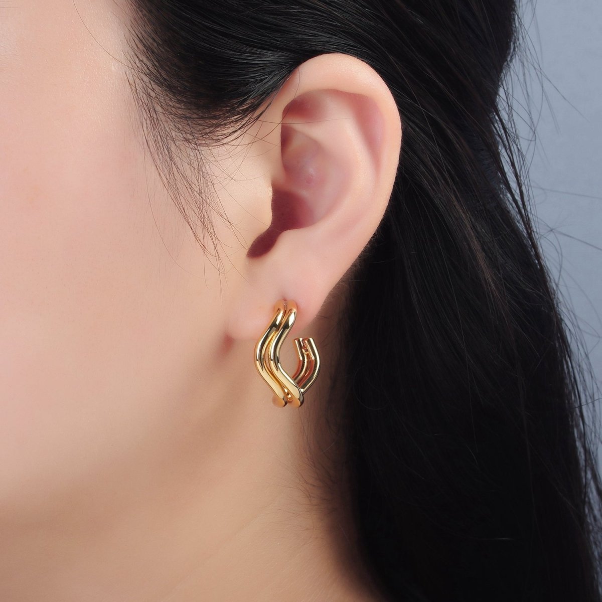 16k Gold Filled Double Band Geometric C Shaped Hoop Earrings Gold and Silver | P528 - P529