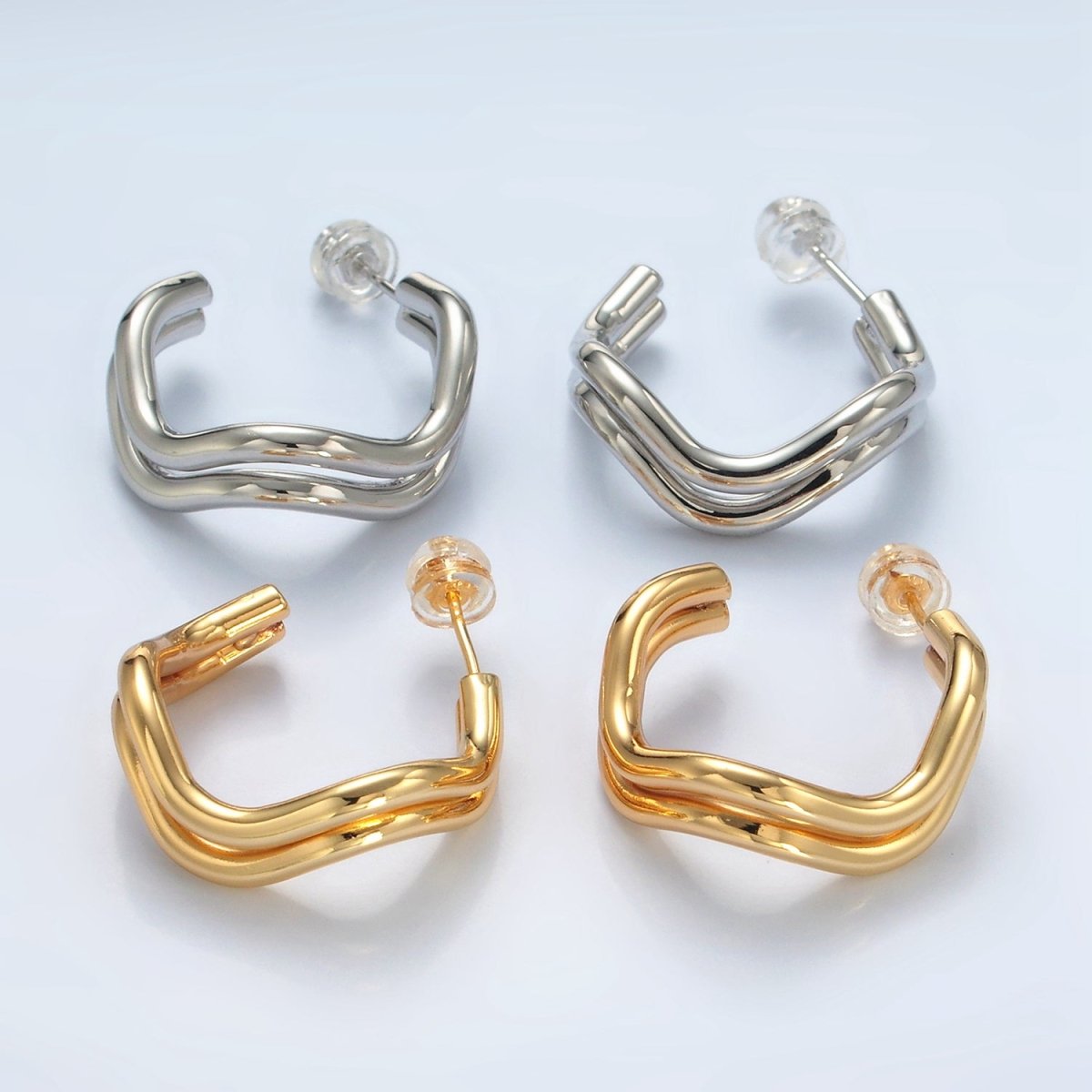 16k Gold Filled Double Band Geometric C Shaped Hoop Earrings Gold and Silver | P528 - P529