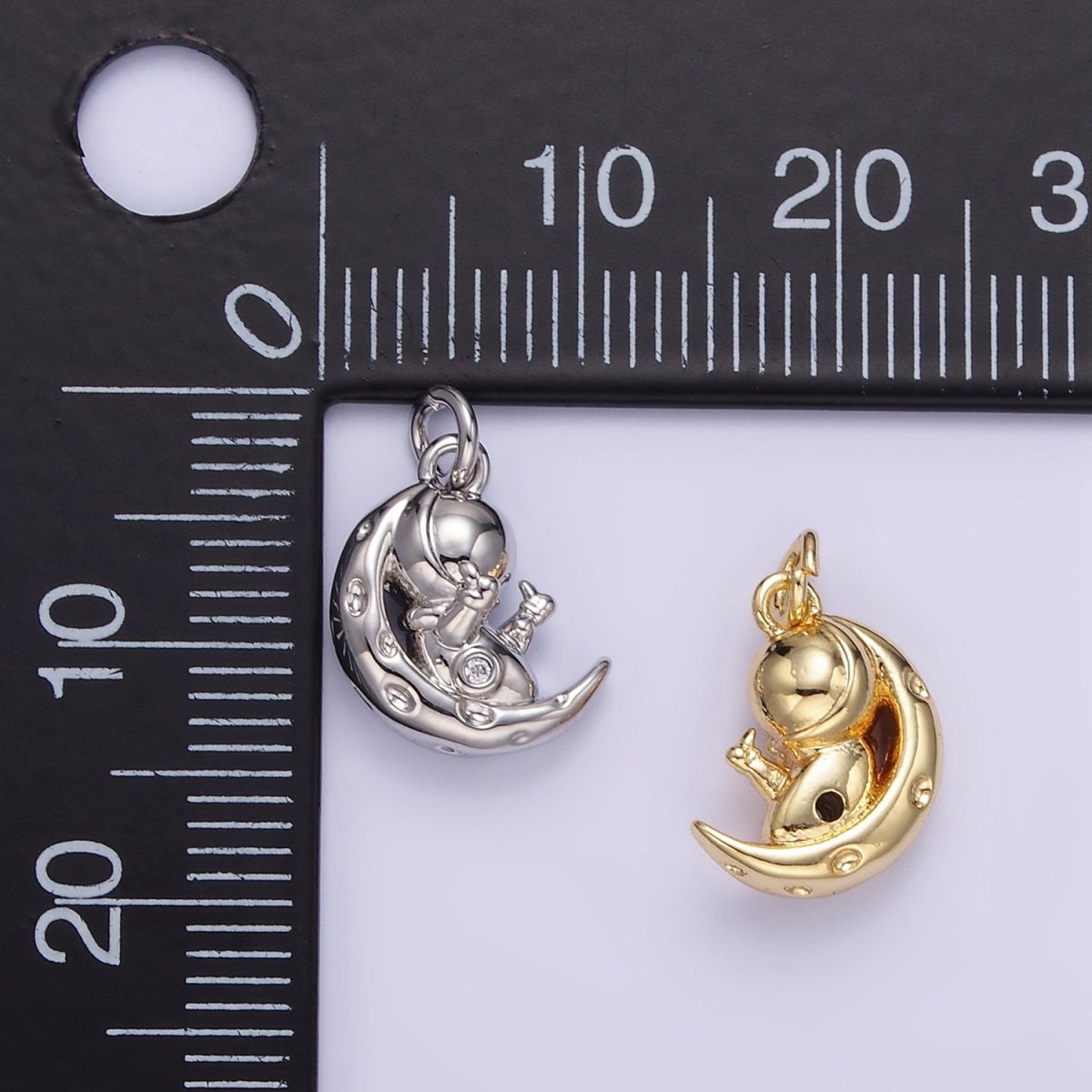 16K Gold Filled Hammered Celestial Crescent Moon Space Man Charm in Gold & Silver | E389