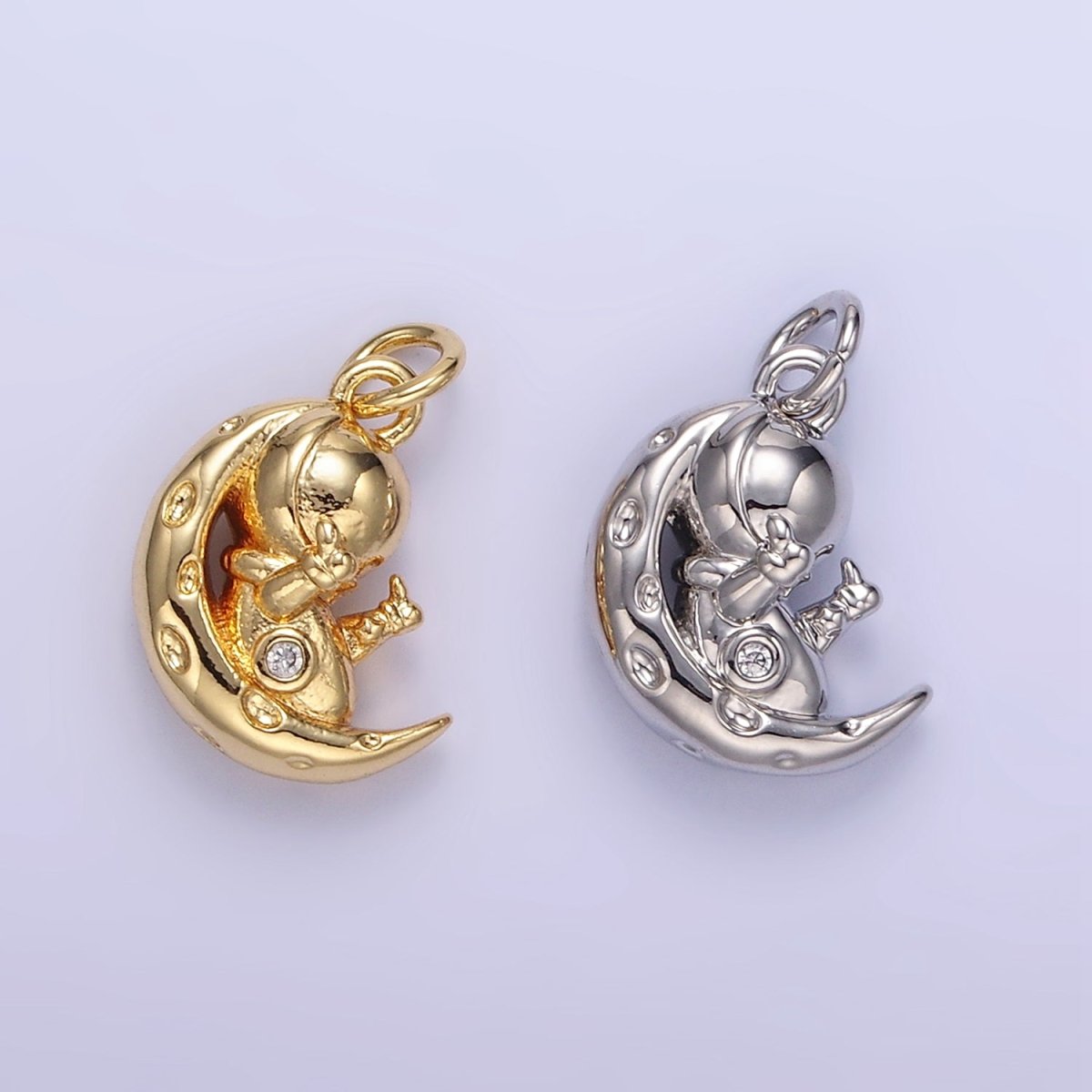 16K Gold Filled Hammered Celestial Crescent Moon Space Man Charm in Gold & Silver | E389