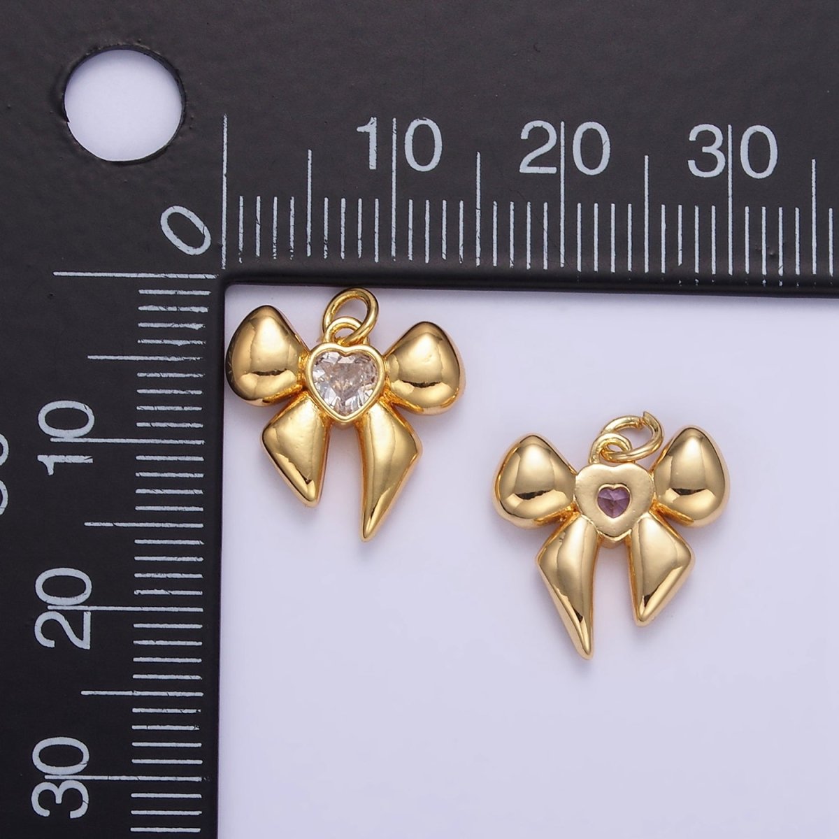 16K Gold Filled Heart CZ Ribbon Puffed Mini Charm | E361