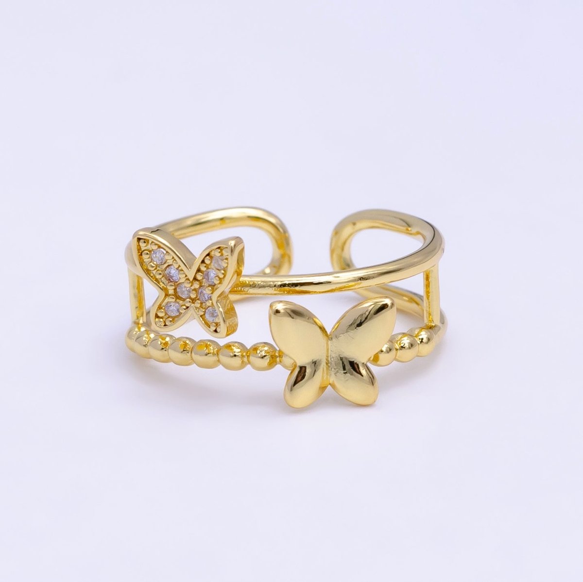 16K Gold Filled Micro Paved CZ Butterfly Beaded Bubble Double Band Ring | O1391