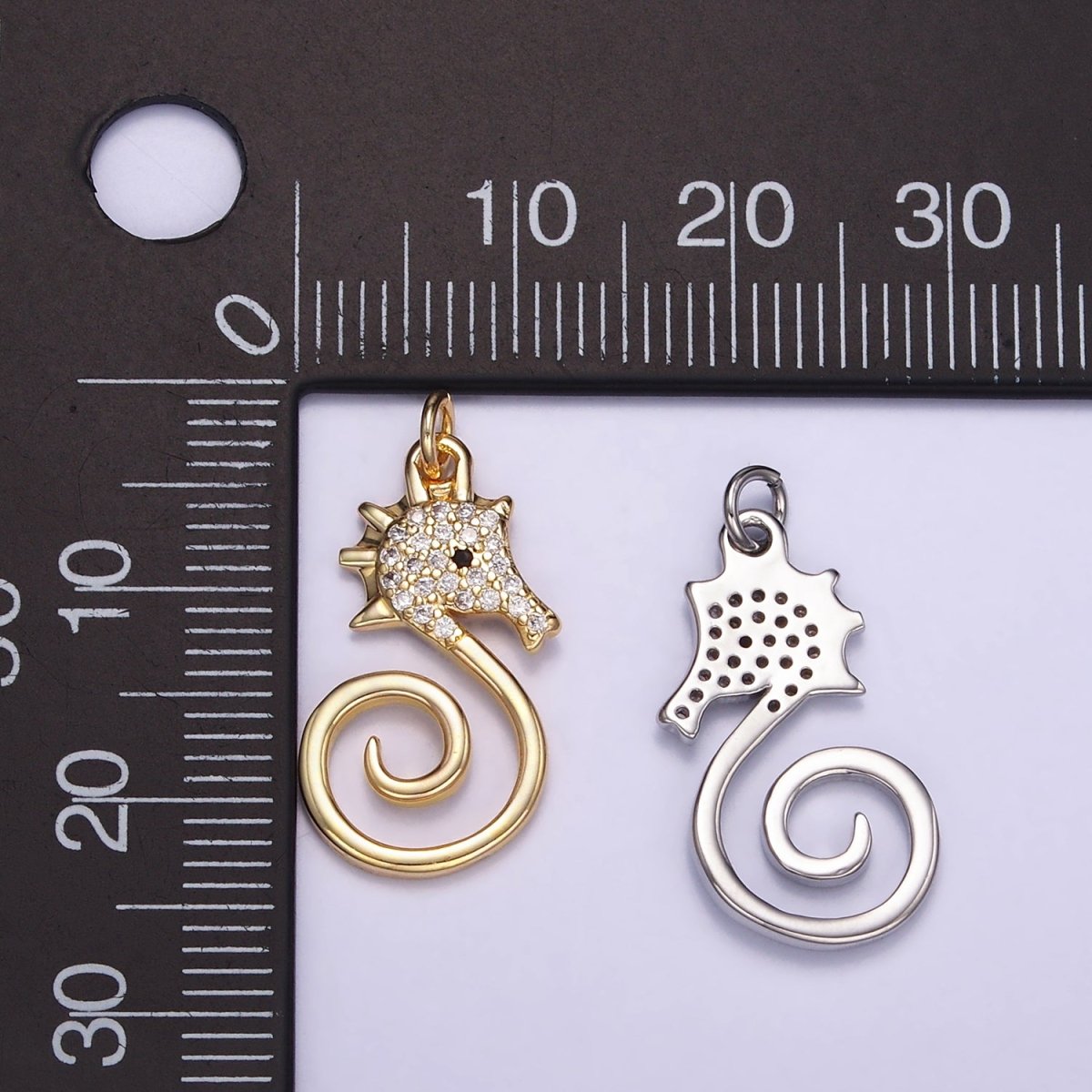 16K Gold Filled Micro Paved CZ Seahorse Ocean Animal Charm in Gold & Silver | M119
