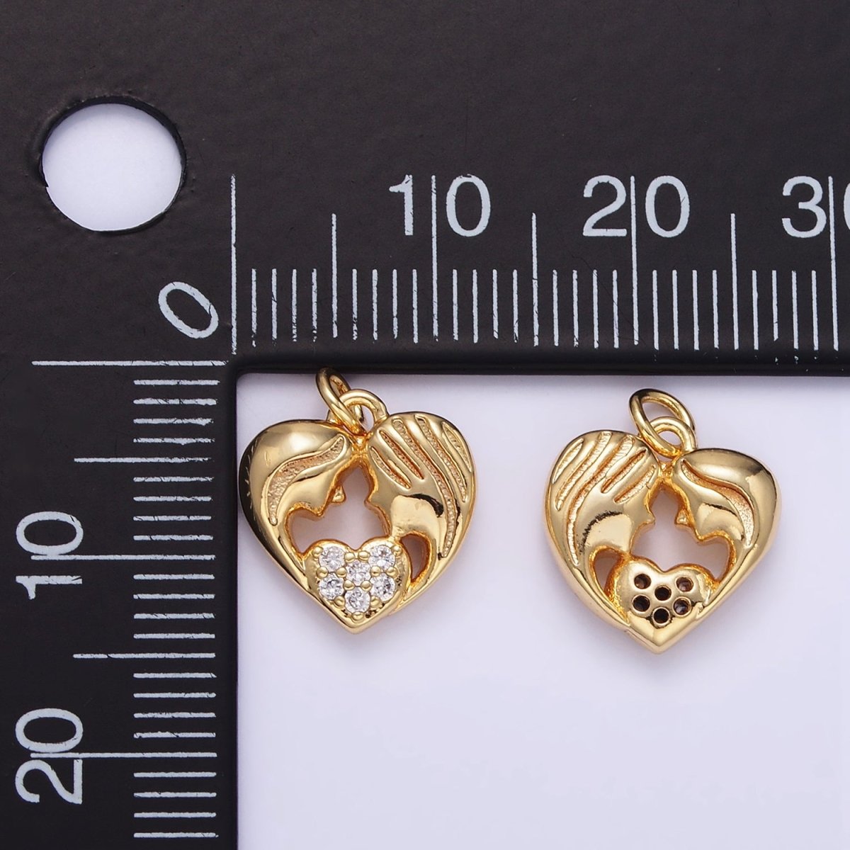 24K Gold Filled Micro Paved Mother-Daughter Portrait Silhouette Heart Charm | AG838