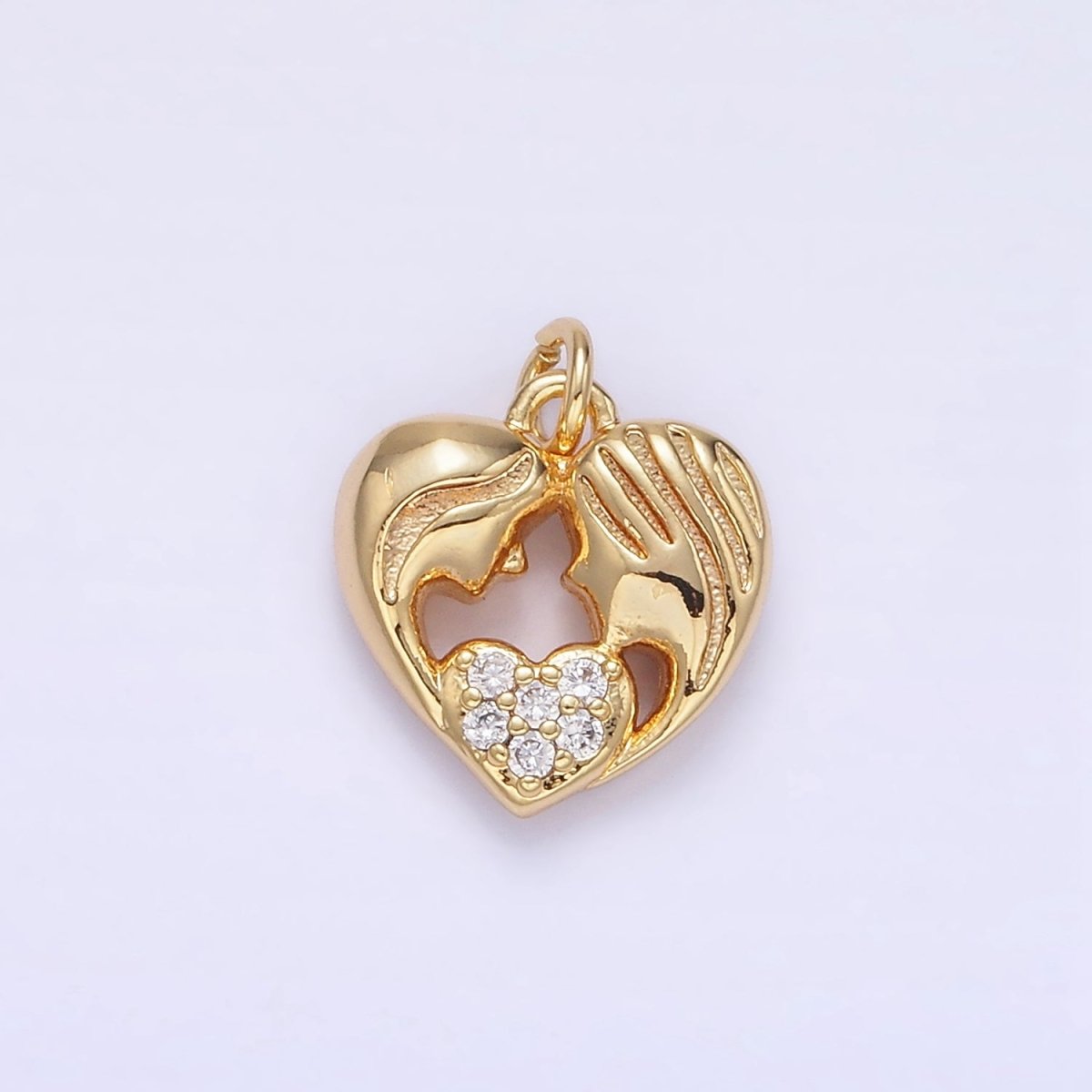 24K Gold Filled Micro Paved Mother-Daughter Portrait Silhouette Heart Charm | AG838