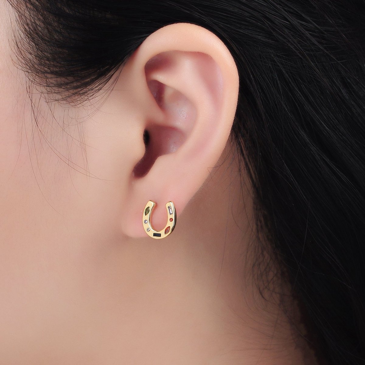 16K Gold Filled Multicolor CZ Horseshoe Stud Earrings | AD604