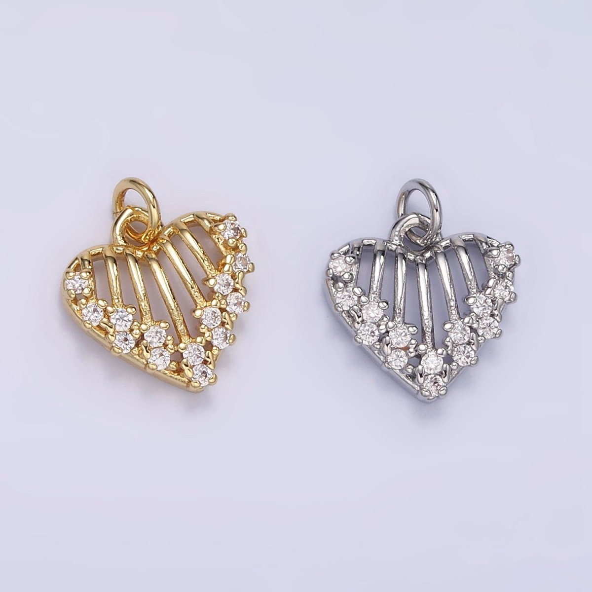 16K Gold Filled Open Caged Heart Micro Paved CZ Charm in Gold & Silver | M115