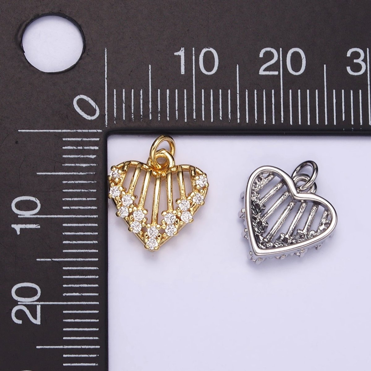 16K Gold Filled Open Caged Heart Micro Paved CZ Charm in Gold & Silver | M115