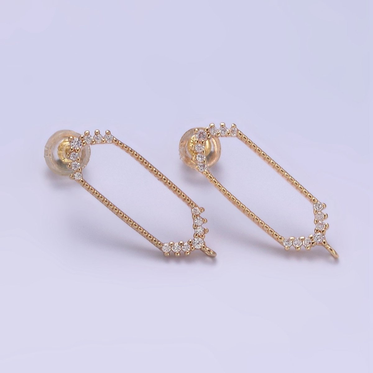 24K Gold Filled Open Hexagon Micro Paved CZ Drop Stud Earrings Findings | Z818