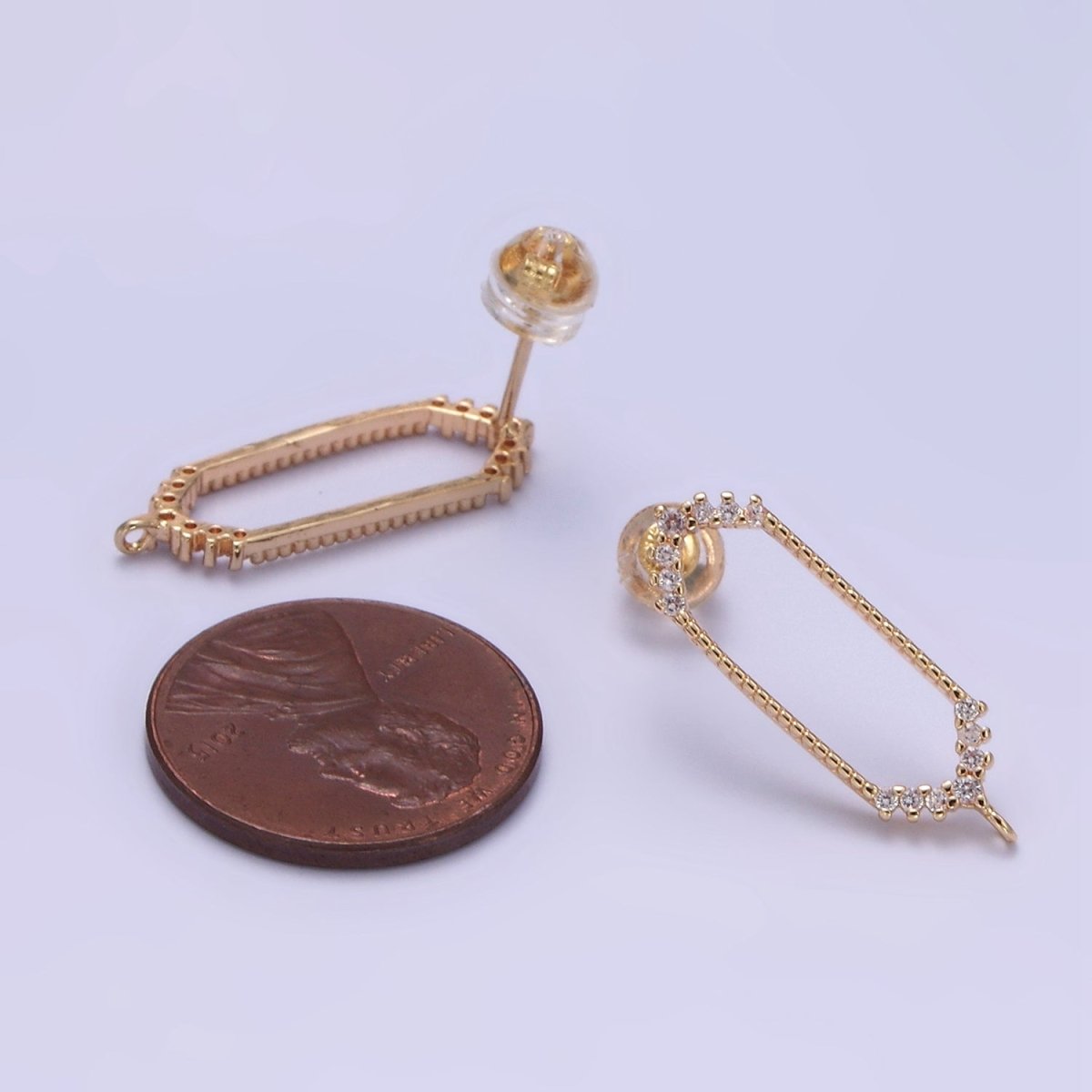 24K Gold Filled Open Hexagon Micro Paved CZ Drop Stud Earrings Findings | Z818